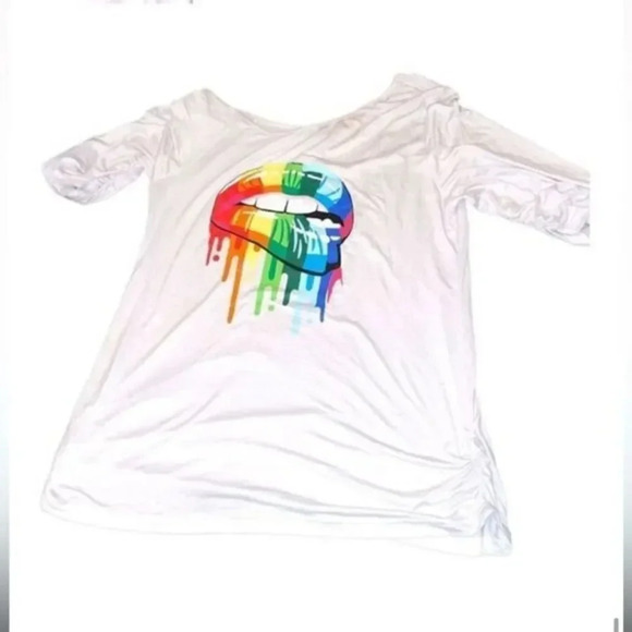 NWOT WHITE WITH RAINBOW LIPS ONESIDE CINCHED OFF ONE SHOULDERTOP SIZE 2X - Picture 4 of 15